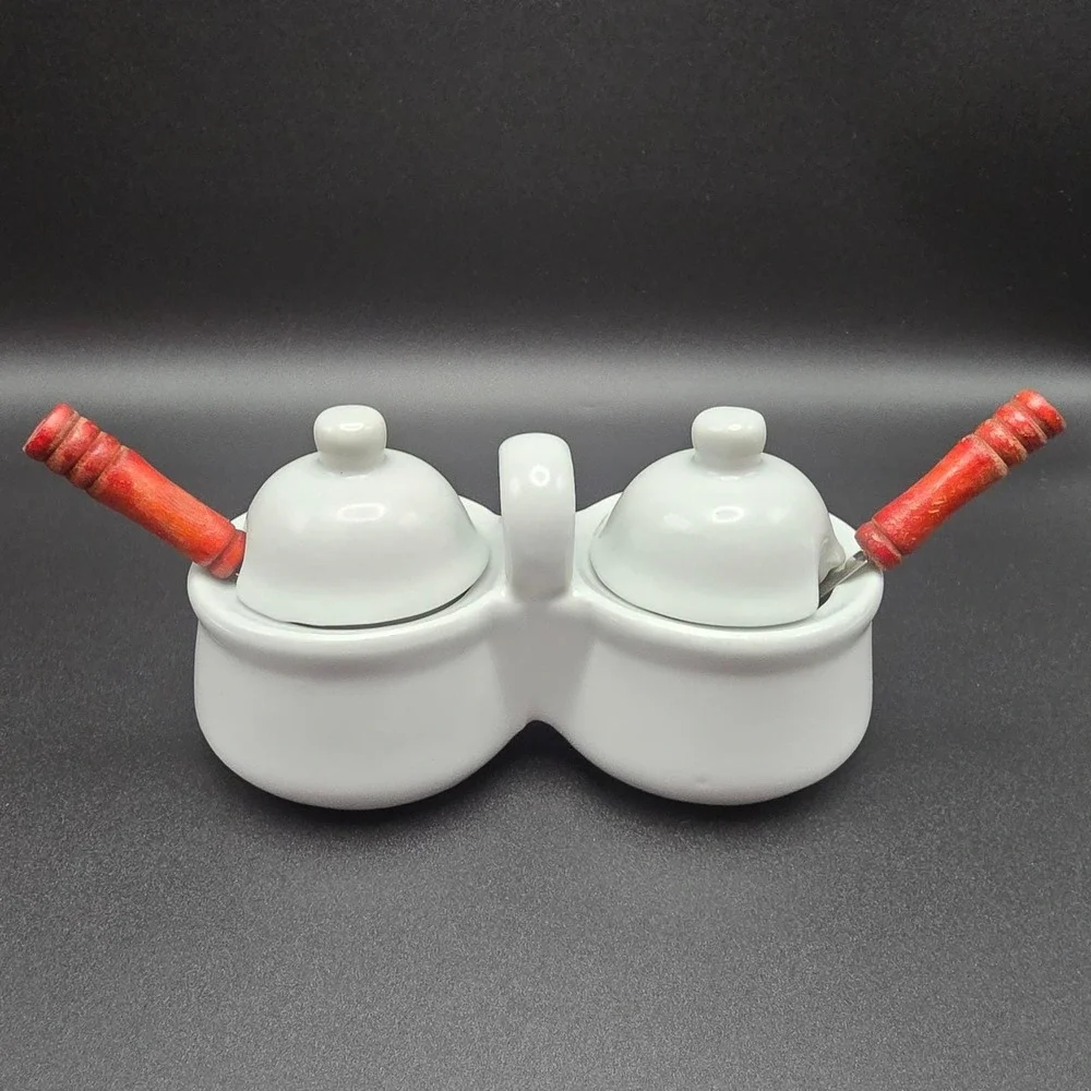 Houston Harvest HH Double Ceramic Condiment Server‎ Dish with Spoons White